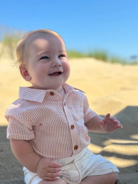 HELFORD Tangerine Stripe Seersucker Woven Onesie 2 HELFORD Tangerine Stripe Seersucker Woven Onesie - Image 2