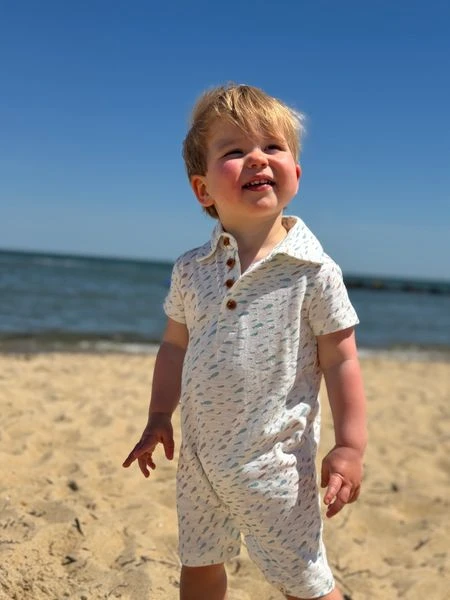 DRIFT Beige/Blue Fish Printed Polo Romper 2 DRIFT Beige/Blue Fish Printed Polo Romper - Image 2