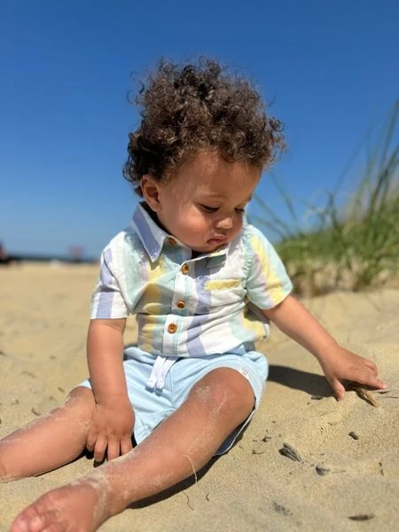 HELFORD Blue/Yellow Stripe Woven Onesie 2 HELFORD Blue/Yellow Stripe Woven Onesie - Image 2