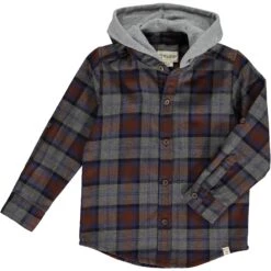 ERIN Brown/Grey/Blue Plaid Hooded Woven Shirt