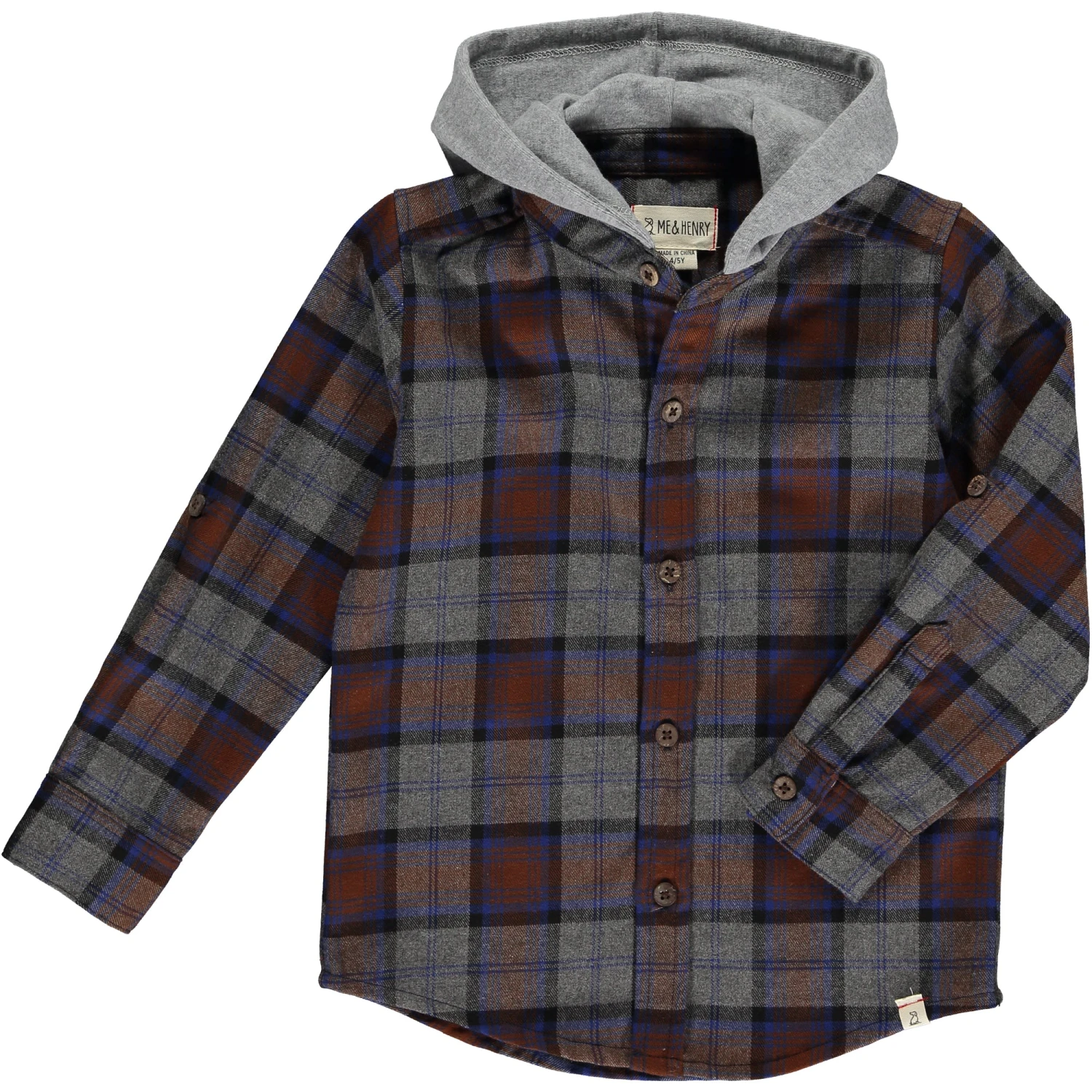 ERIN Brown/Grey/Blue Plaid Hooded Woven Shirt 1 ERIN Brown/Grey/Blue Plaid Hooded Woven Shirt