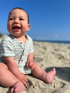 CAMBORNE Beige/Lime/Grey Ribbed Henley Romper -Me & Henry HB1205C 3