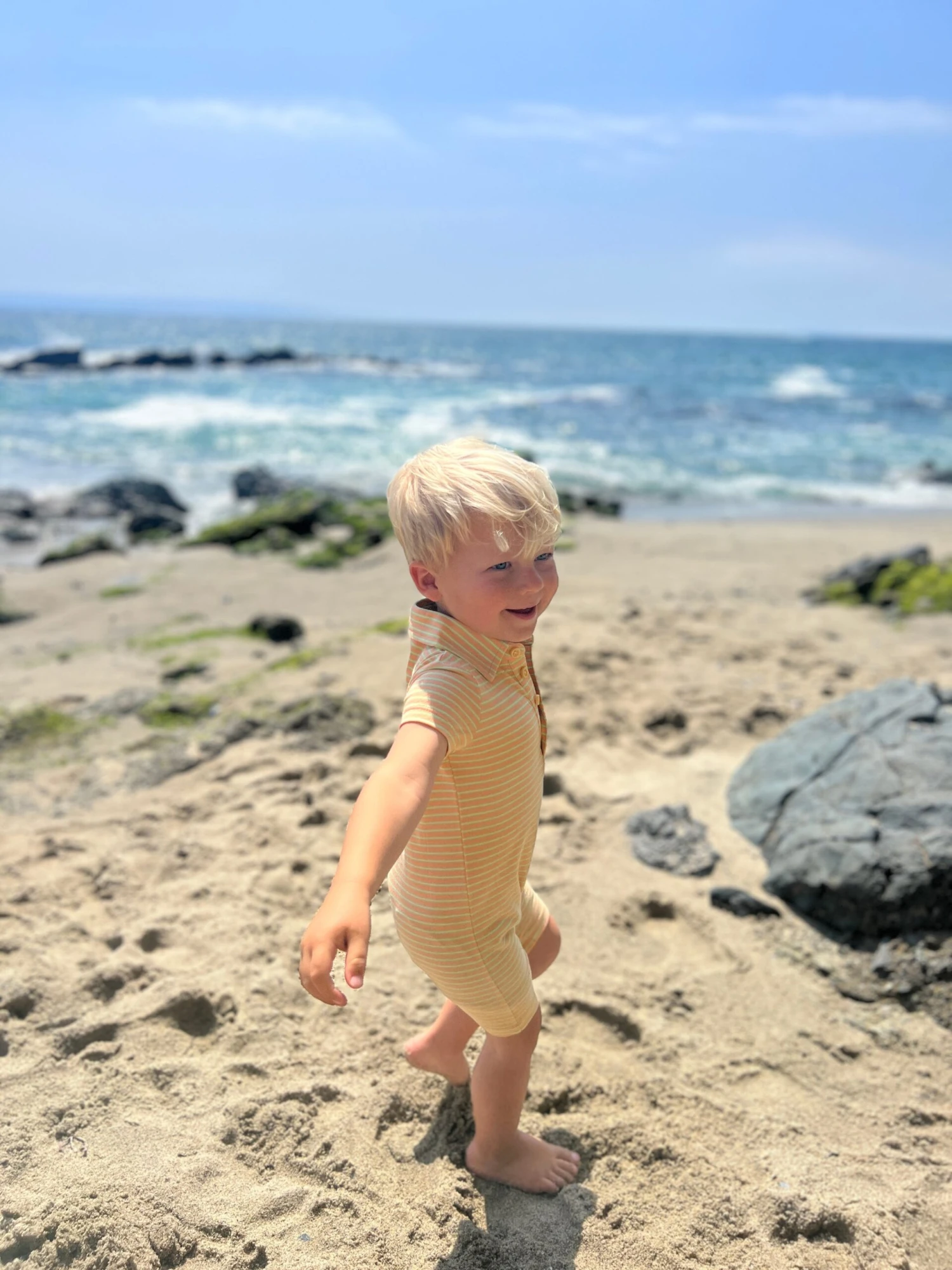 DRIFT Peach/Green Stripe Pique Polo Romper 2 DRIFT Peach/Green Stripe Pique Polo Romper - Image 2