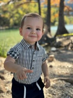 JASPER Cream/Black Stripe Woven Onesie -Me & Henry HB1314K CREAMBLACKSTRIPE 4