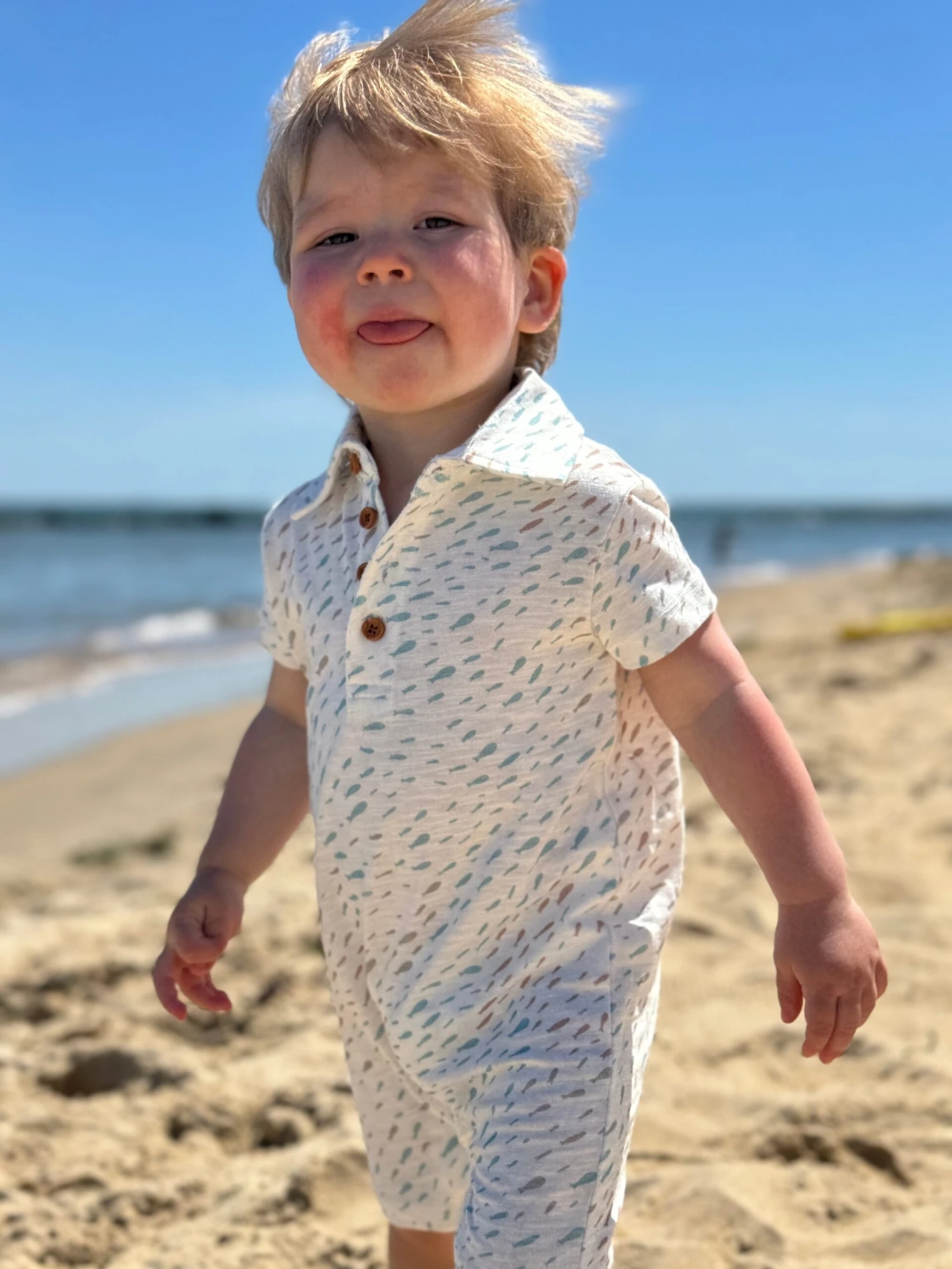 DRIFT Beige/Blue Fish Printed Polo Romper 3 DRIFT Beige/Blue Fish Printed Polo Romper - Image 3