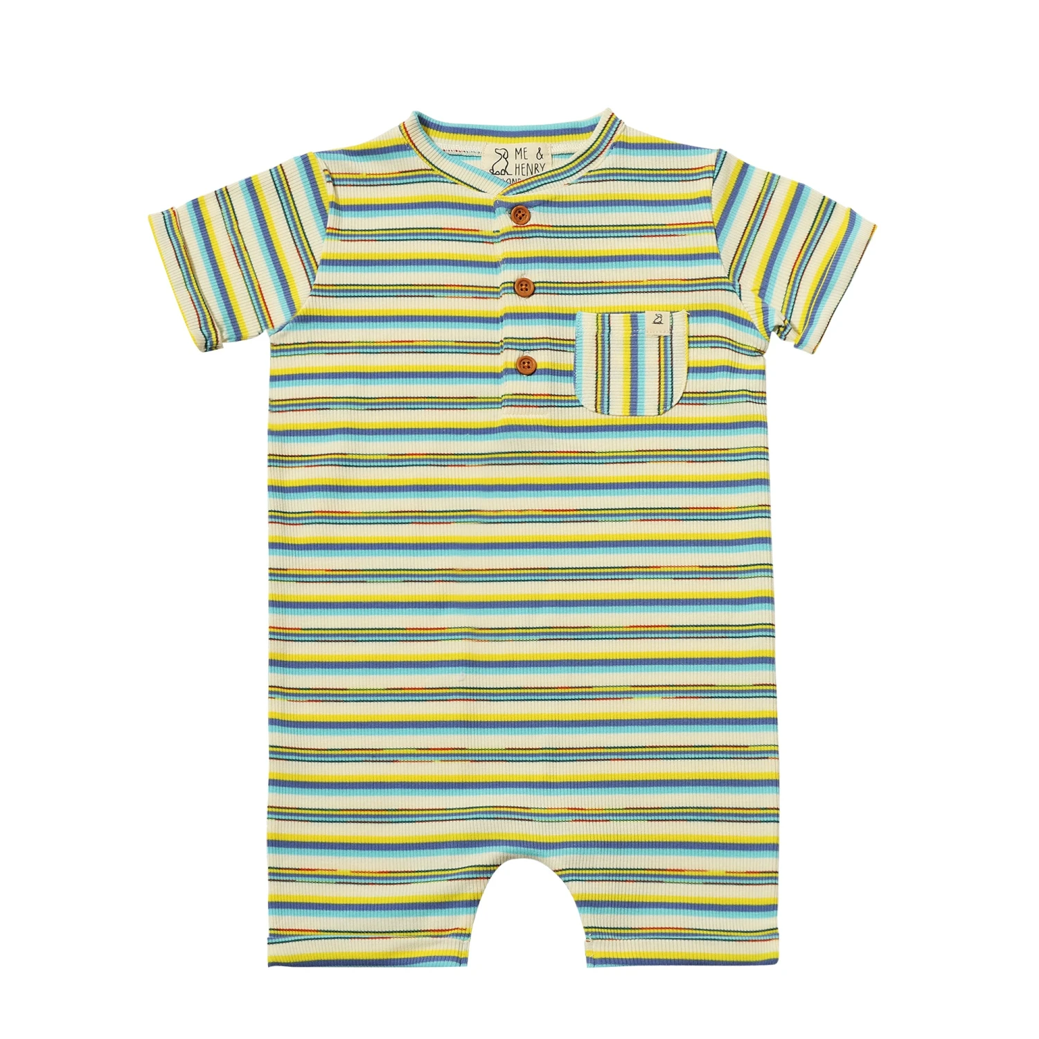CAMBORNE Yellow/Blue Multi Striped Ribbed Henley Romper 1 CAMBORNE Yellow/Blue Multi Striped Ribbed Henley Romper