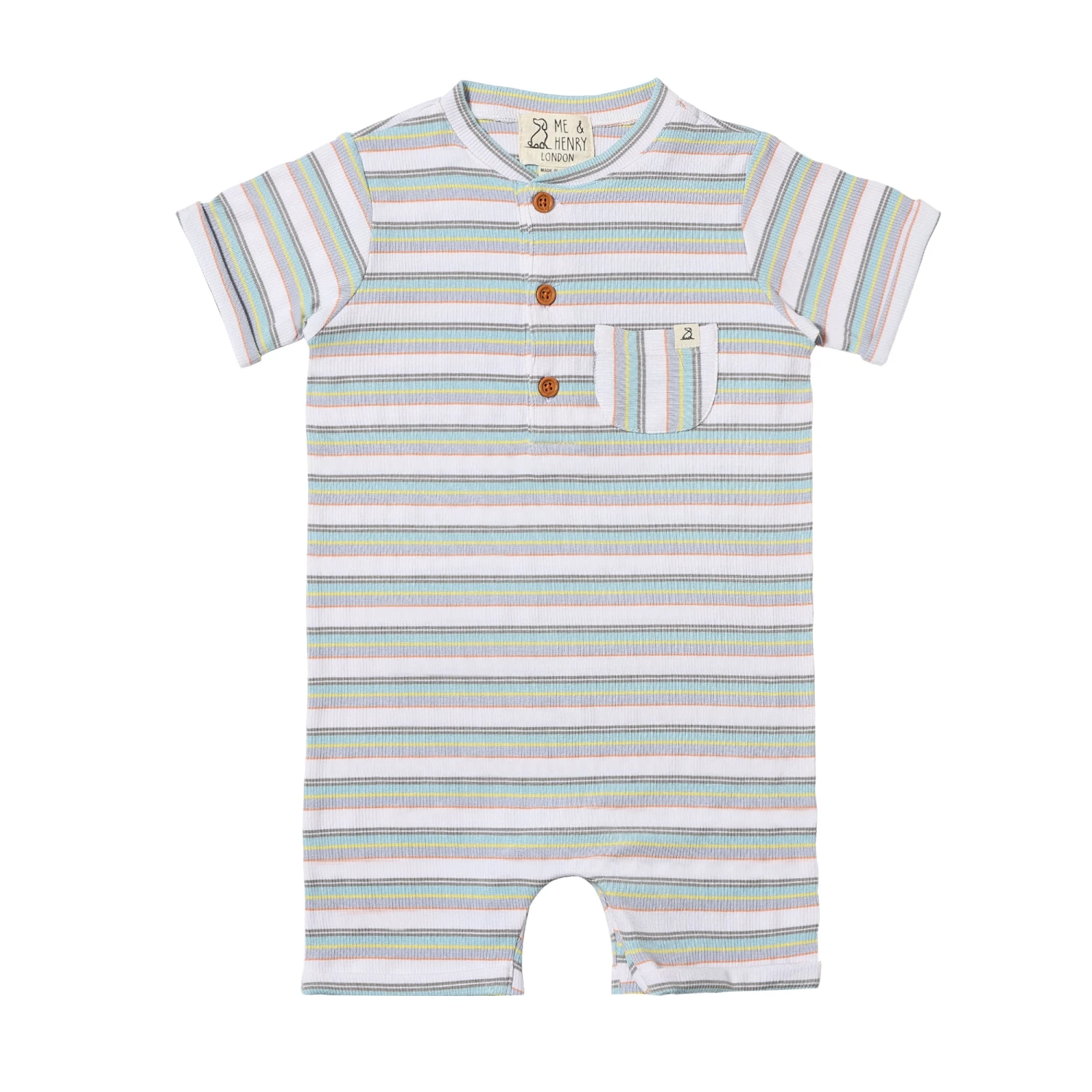 CAMBORNE Blue/Grey/Yellow Multi Striped Ribbed Henley Romper 1 CAMBORNE Blue/Grey/Yellow Multi Striped Ribbed Henley Romper