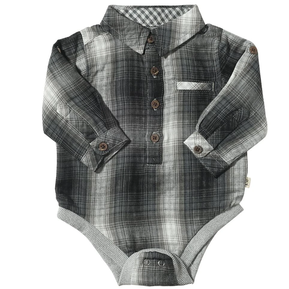 JASPER Charcoal/Black Plaid Woven Onesie 1 JASPER Charcoal/Black Plaid Woven Onesie